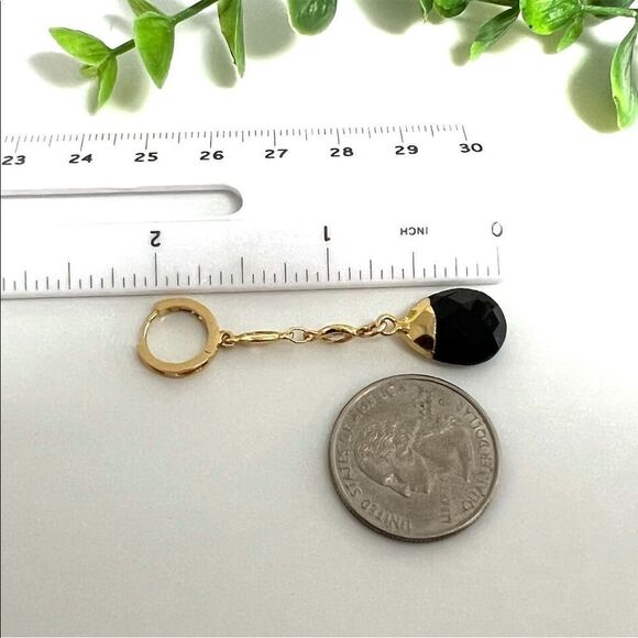 Gold huggie hoop womens statement earrings long dangle drop chain black onyx - Picture 3 of 4